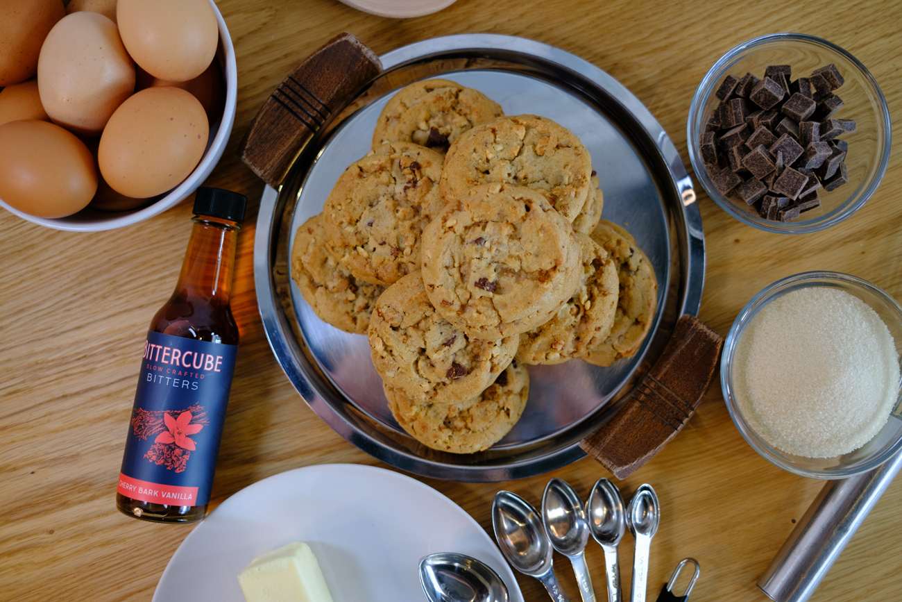 A bottle of bitters and baking ingredients